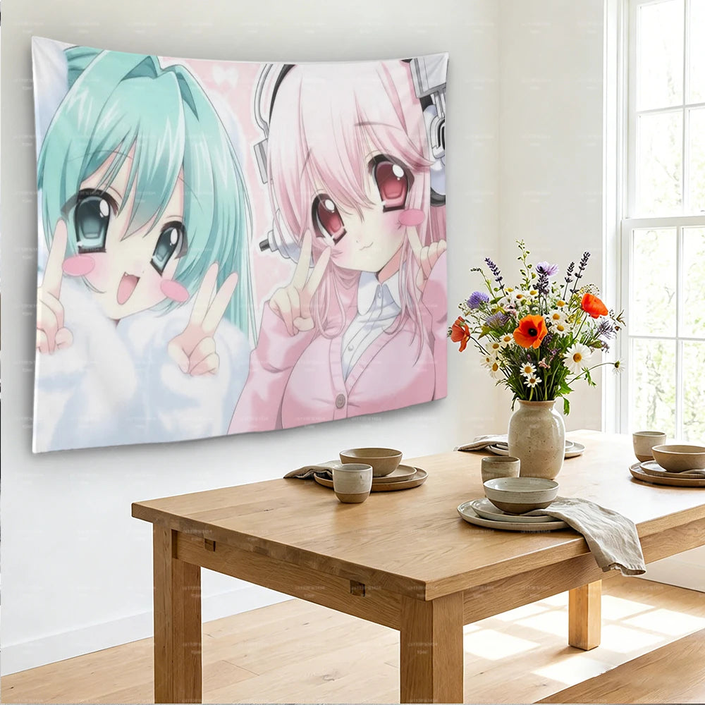 A pink and teal anime girl tapestry featuring two characters with long hair and large eyes hanging on a white wall.