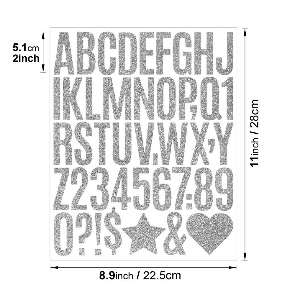 A sheet of glitter alphabet letter stickers showing the entire English alphabet in a grid format