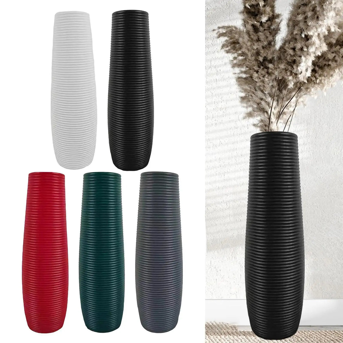 A set of modern tall floor vases in red, dark green, and black, displayed next to a dried floral arrangement.
