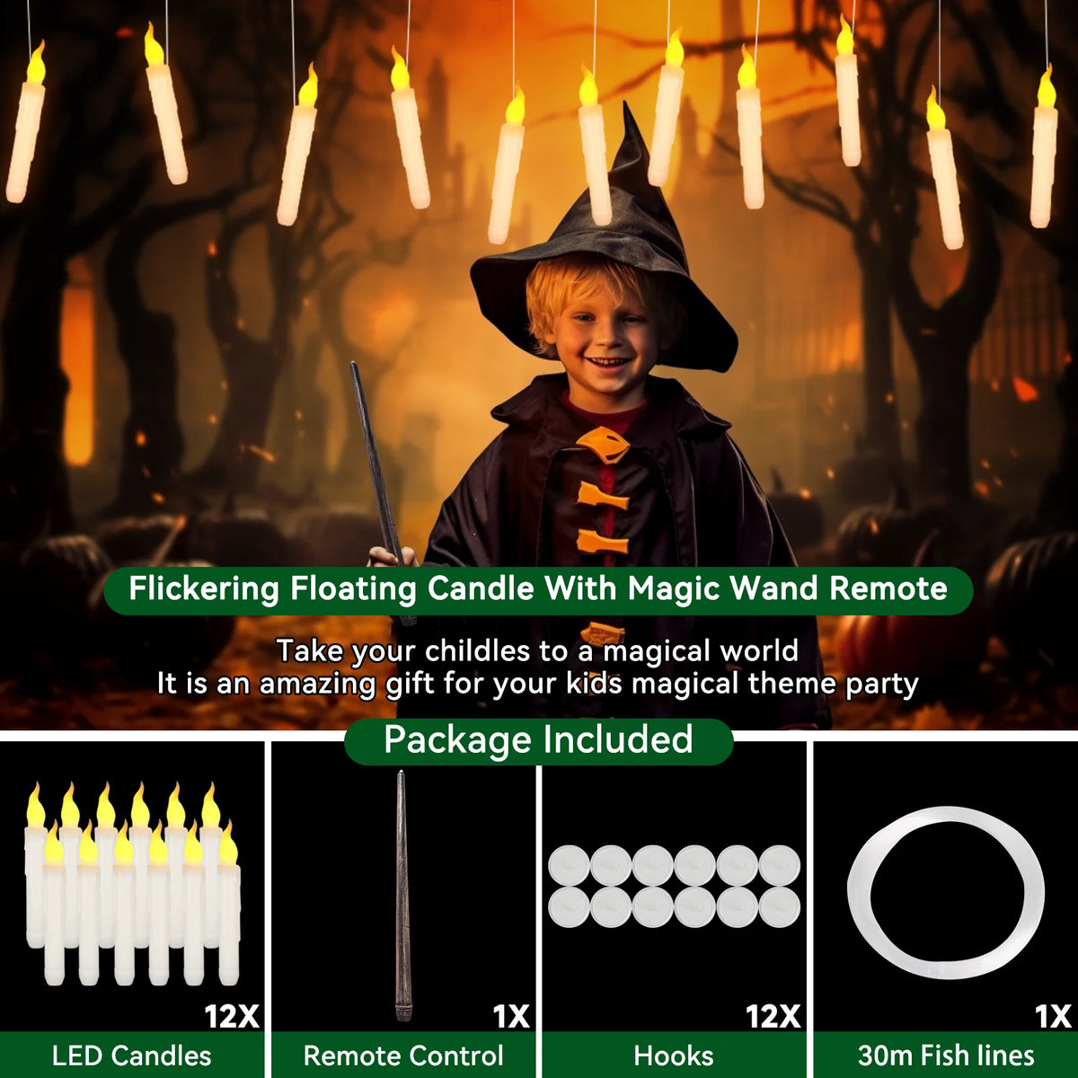 Halloween LED floating candles with magic wand remote and fishing lines packaged for a party
