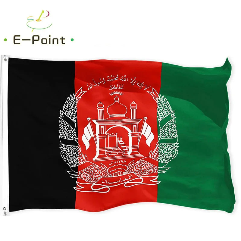 A flag of Afghanistan featuring a central emblem on a black, red, and green striped background.
