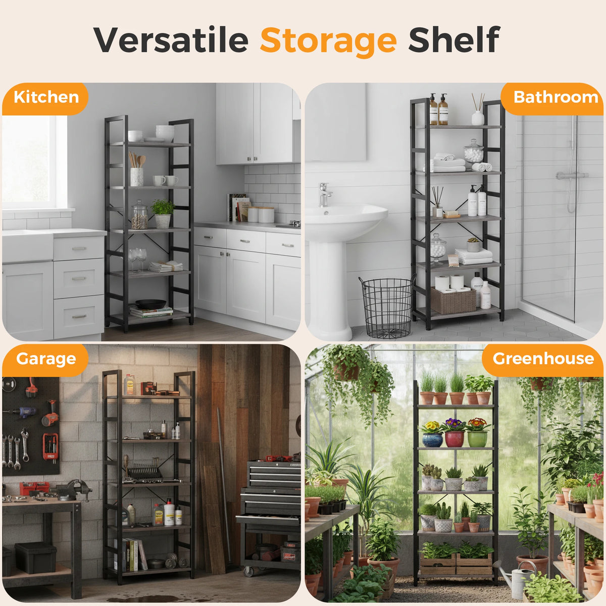 Versatile storage shelf featuring a black metal frame and wooden shelves used in kitchen, bathroom, garage, and greenhouse se