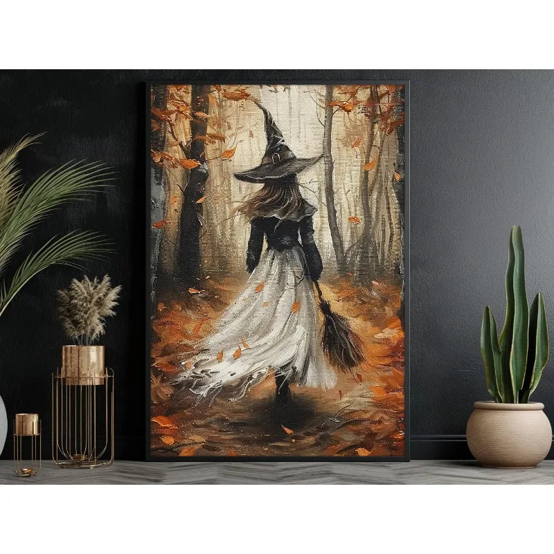 Canvas wall art depicting a dark witch in a pointed hat standing in a forest with autumn leaves.