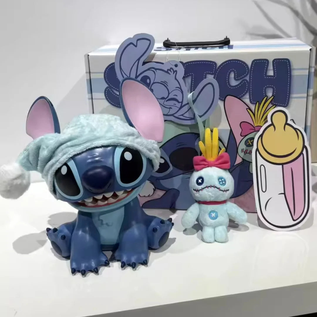 A plush Stitch character toy next to a box featuring the Lilo & Stitch Bluetooth Speaker logo.