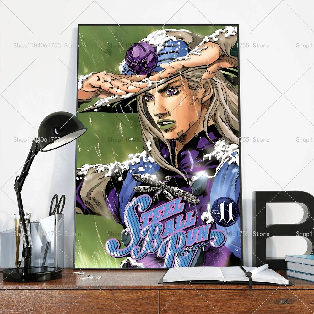 Anime poster featuring a character in a hat and purple clothing against a green background
