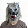 A realistic werewolf full head mask with gray fur and black features worn by a person.