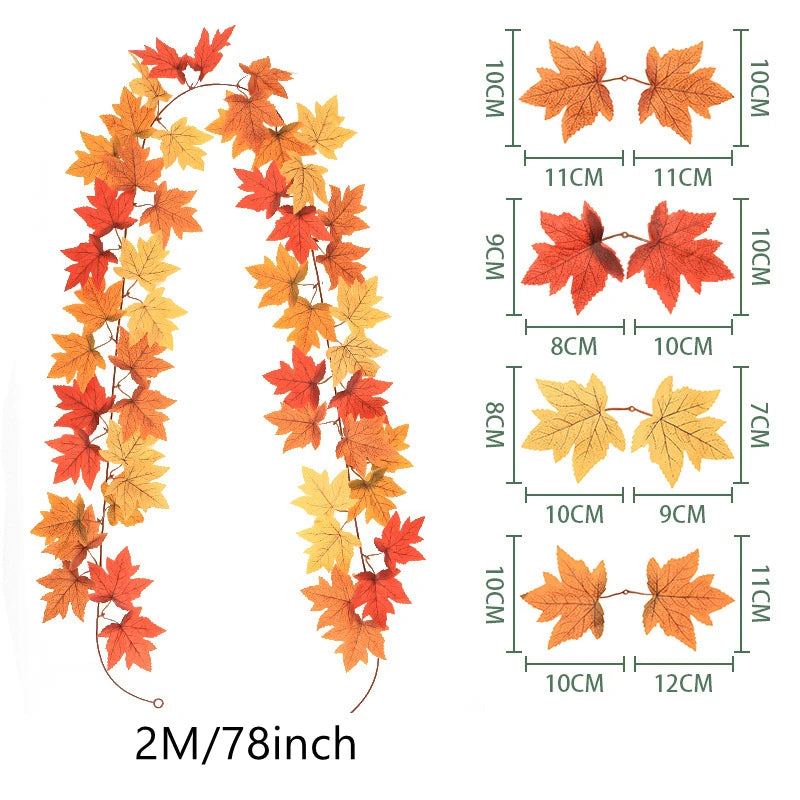Artificial autumn maple leaf vine with varying orange and yellow colors shown with size measurements.