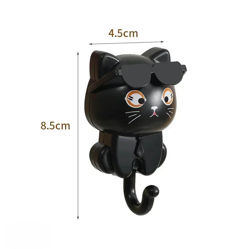 Cartoon Cat Adhesive Hooks – No-Damage Wall Hooks with Sunglasses Design