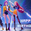 Three female fantasy characters in magical outfits posing for a happy birthday backdrop