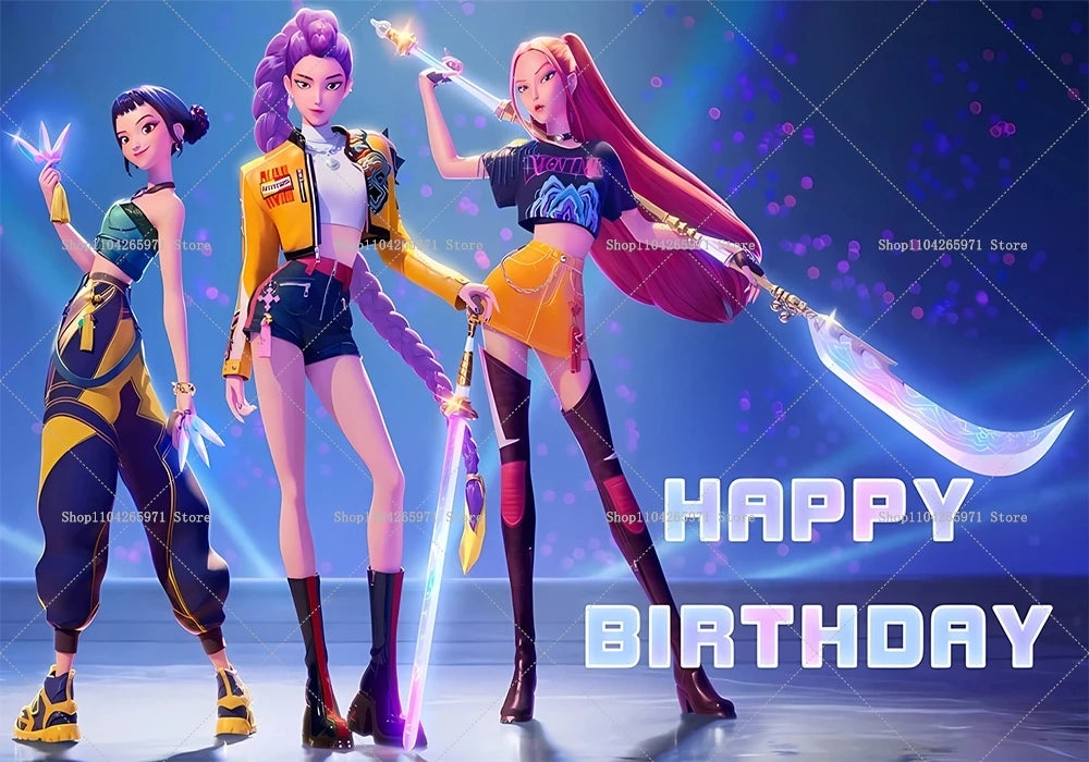 Three female fantasy characters in magical outfits posing for a happy birthday backdrop