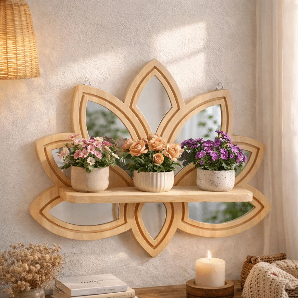 A decorative wooden lotus floating shelf mounted on a wall with potted flowers and a candle.