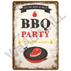 A distressed metal sign with BBQ Party text and a grilling image on a rustic background.