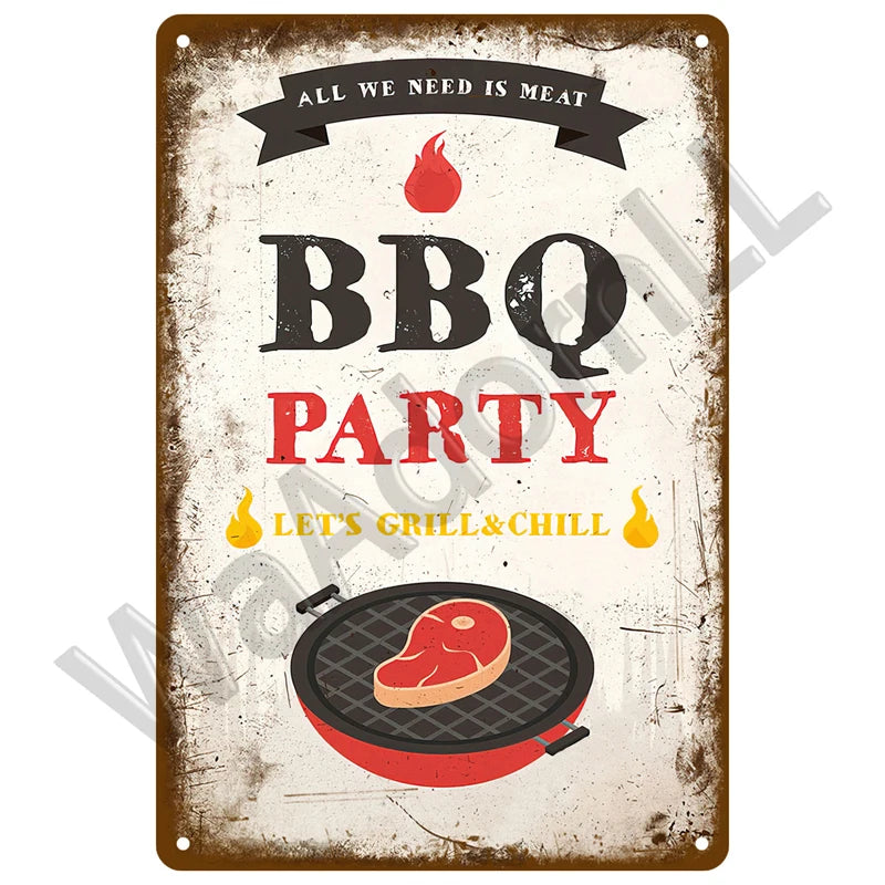 A distressed metal sign with BBQ Party text and a grilling image on a rustic background.