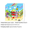 A set of colorful paper napkins featuring cartoon characters and party decorations for a birthday theme.