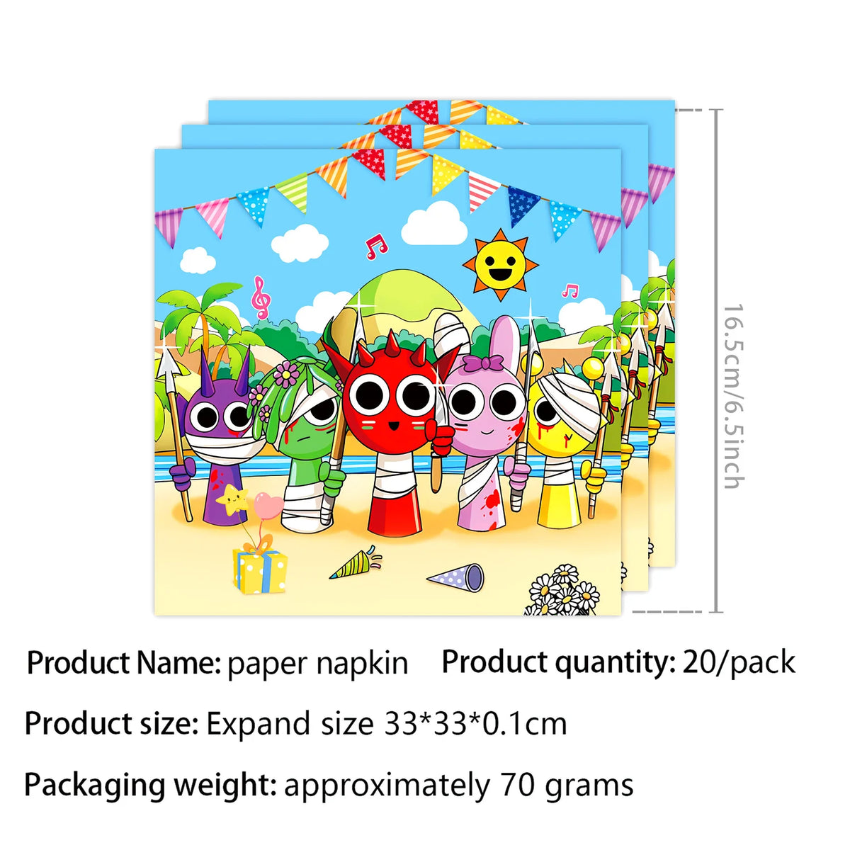 A set of colorful paper napkins featuring cartoon characters and party decorations for a birthday theme.