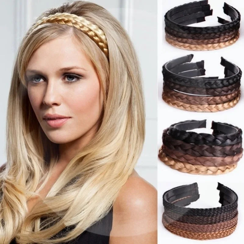 A blonde woman models several black and brown braided hair bands for fashion and party