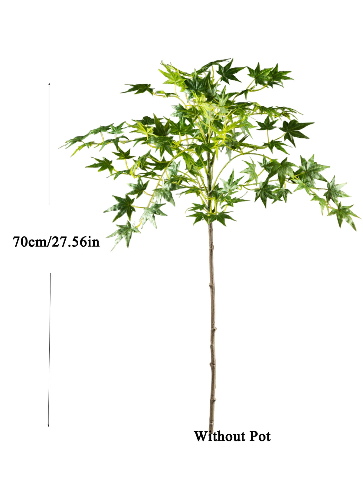 Artificial maple tree with silk leaves shown standing tall without a pot.