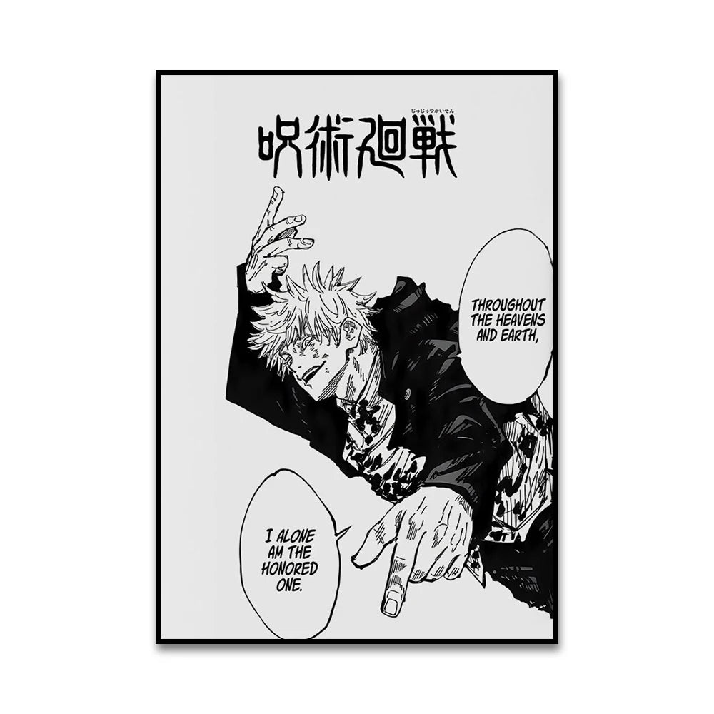 Arte de pared en lienzo de anime con ilustración en blanco y negro de un personaje de pelo rubio puntiagudo.