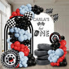 A balloon arch set featuring red, black, and blue balloons arranged in a decorative display.