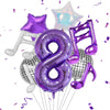 A set of purple musical number balloons including a star shape and treble clef.