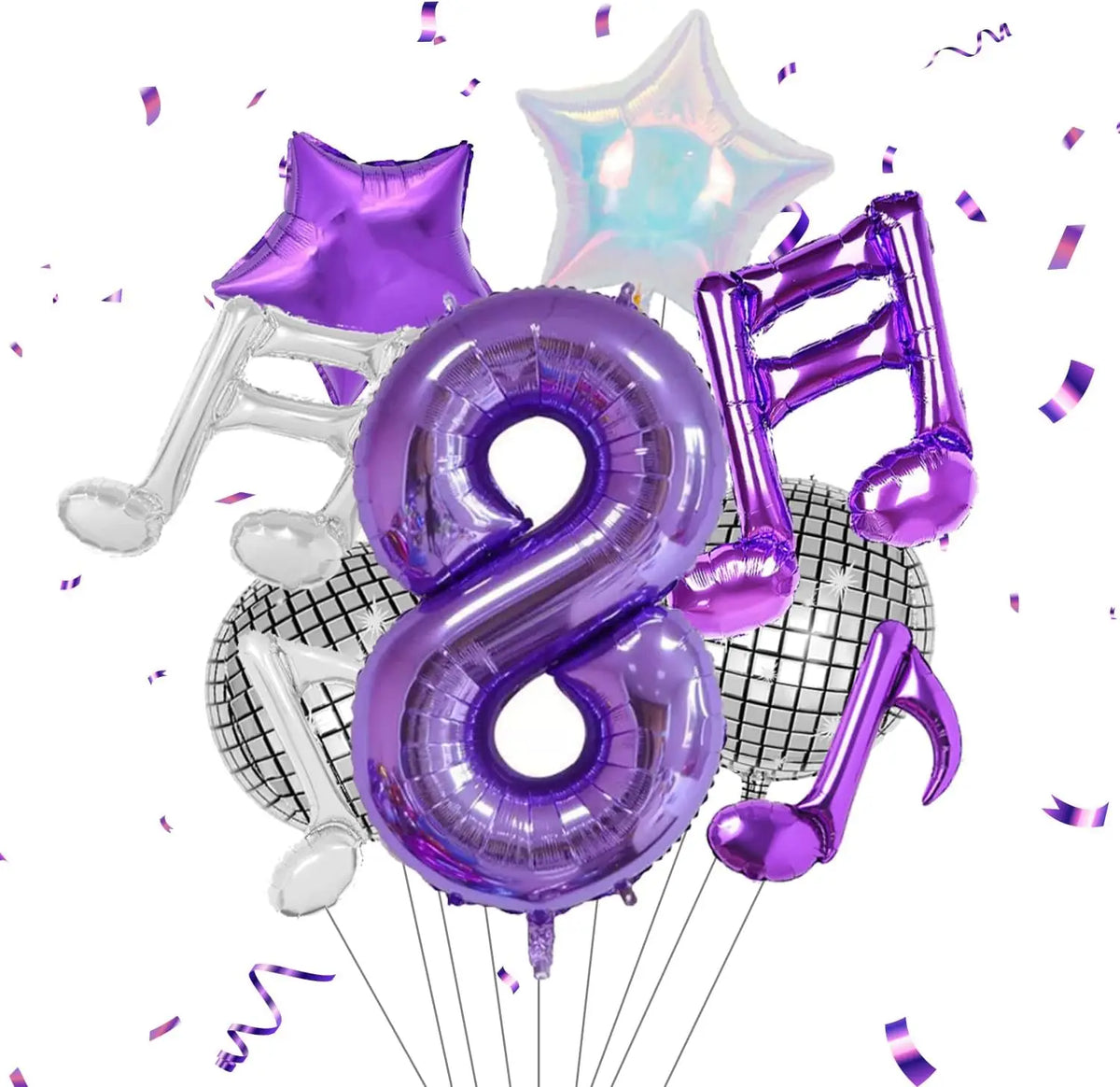 A set of purple musical number balloons including a star shape and treble clef.