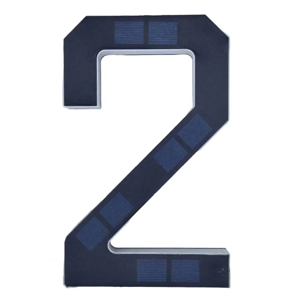A dark blue solar LED house number sign shaped like the numeral 2 with integrated lighting panels.