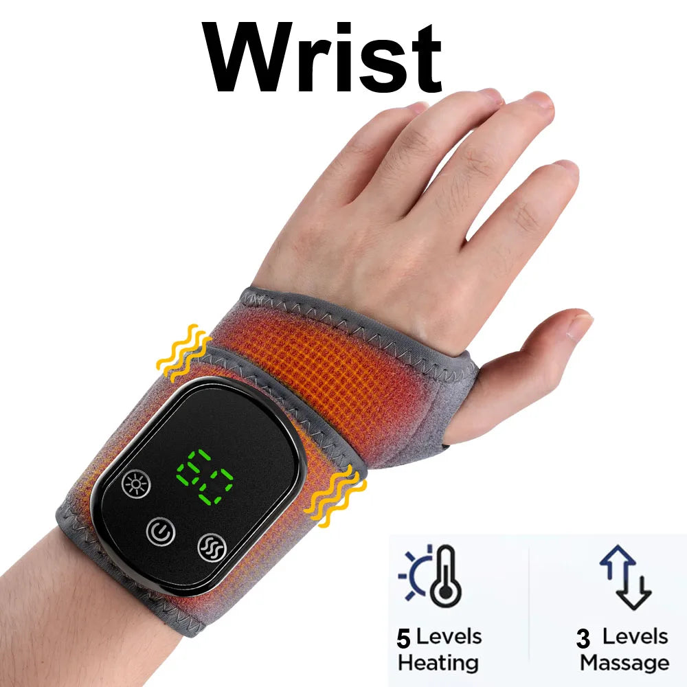 A black wrist device with orange accents is shown on a hand, designed for heating and massage.