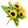 A bouquet of bright yellow artificial sunflowers with green leaves and stems.