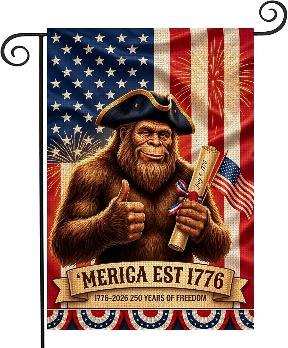 A flag featuring a depiction of a brown gorilla wearing a hat and holding a rolled document against an American flag backgrou