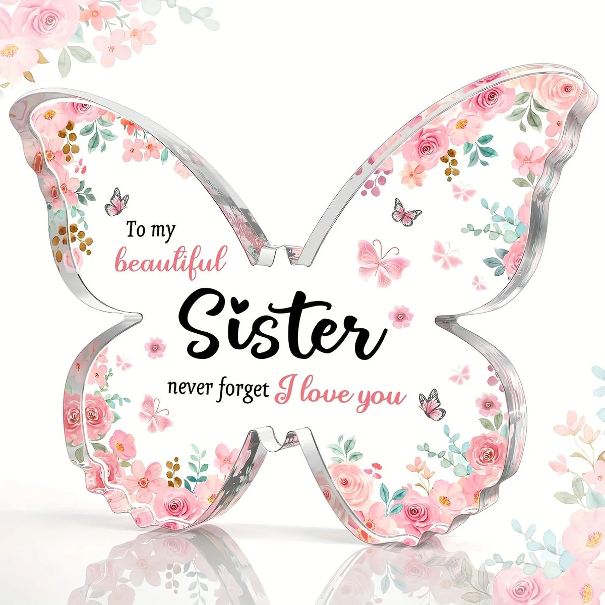 A delicate pink and green floral butterfly acrylic keepsake gift for a sister or best friend