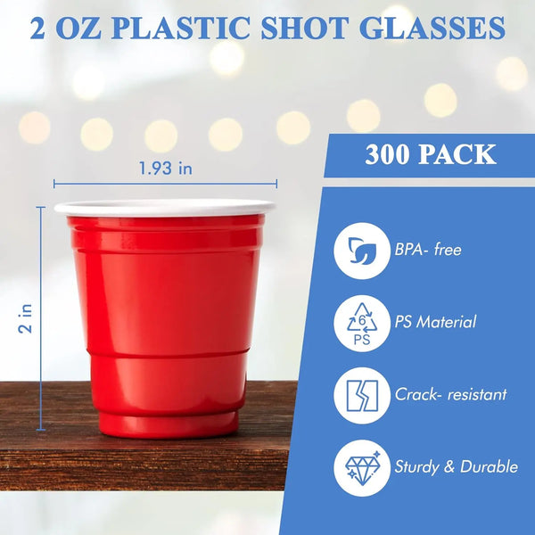 A stack of 300 red plastic shot glasses is shown next to a measuring tape, highlighting their size and durability.