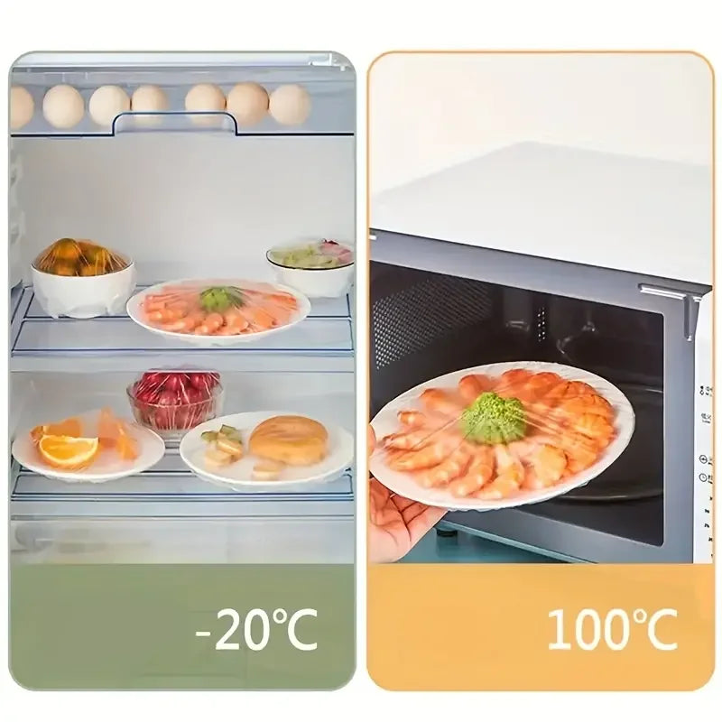 Reusable food storage bags with decorative bows shown in a refrigerator compartment at -20°C and an oven at 100°C