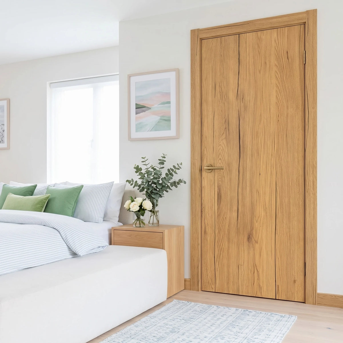 A bedroom scene featuring a bed with white linens and green accents, next to a wooden door and a light rug.