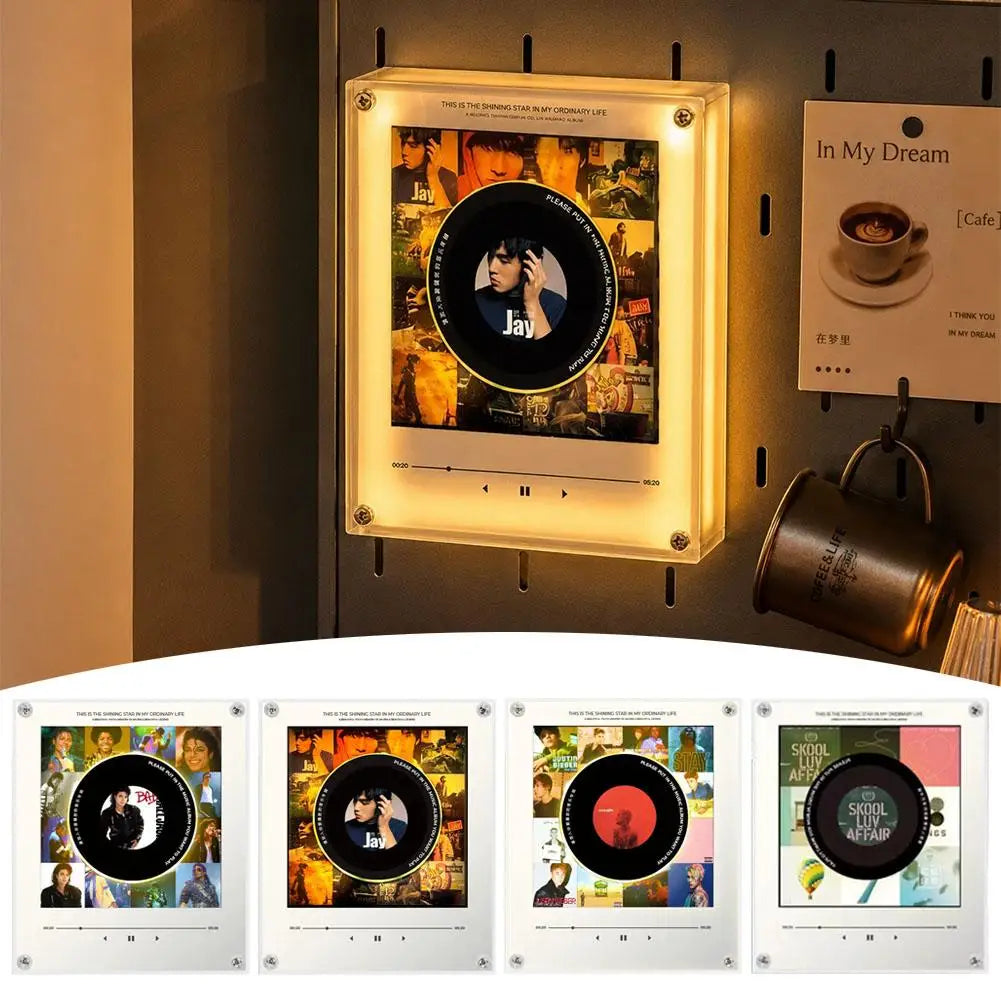 A retro NFC music box night light with a rotating disc is displayed in a dark frame.