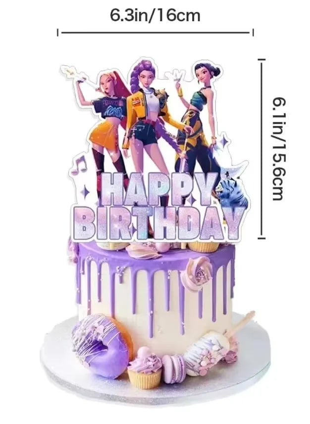 A tiered birthday cake decorated with purple frosting and edible toppers featuring anime-style girl figures.