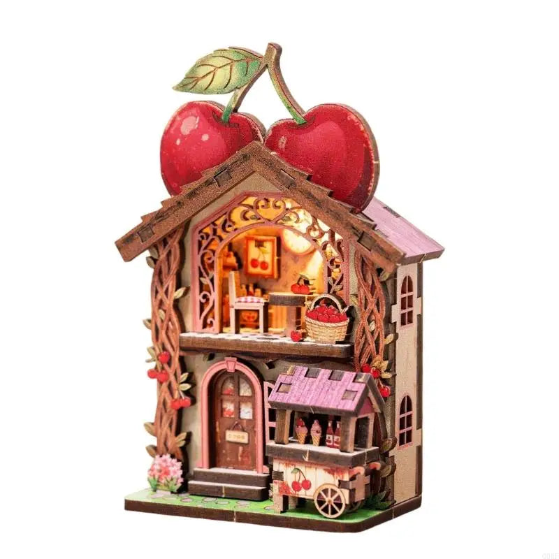 A wooden layered puzzle magnet decor featuring a house with a red apple on the roof.