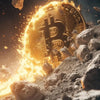 رمز البيتكوين الذهبي يشتعل وسط منظر طبيعي صخري ومهجور.