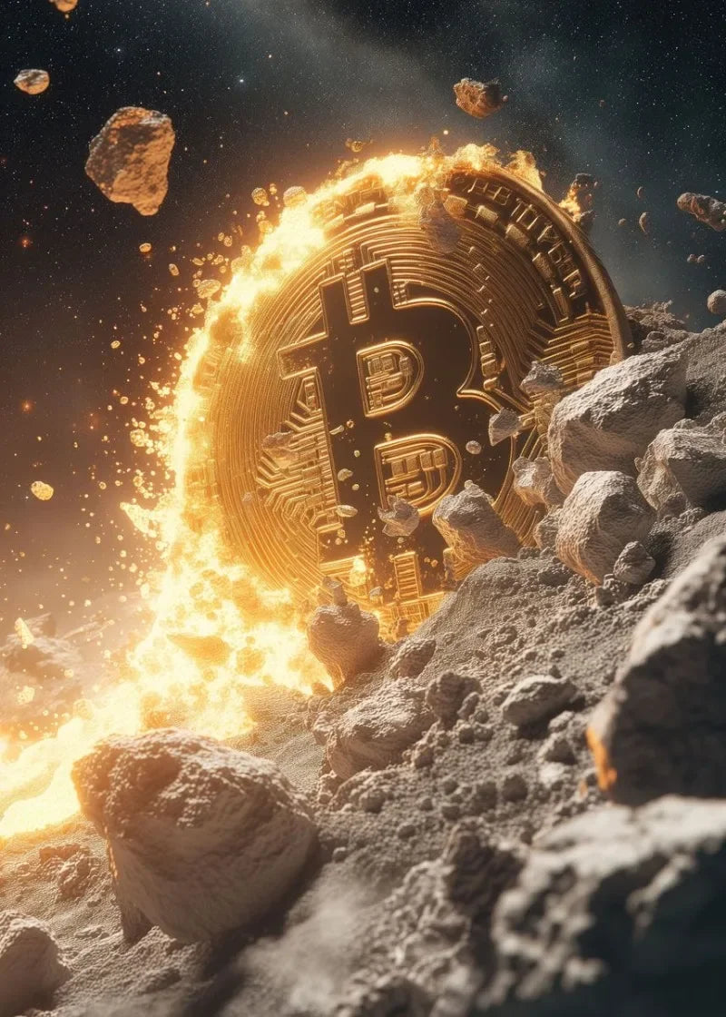رمز البيتكوين الذهبي يشتعل وسط منظر طبيعي صخري ومهجور.