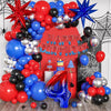 A cluster of red, blue, and silver balloons shaped like the number 40 in a spider theme.