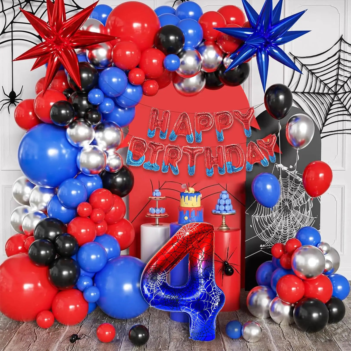 A cluster of red, blue, and silver balloons shaped like the number 40 in a spider theme.