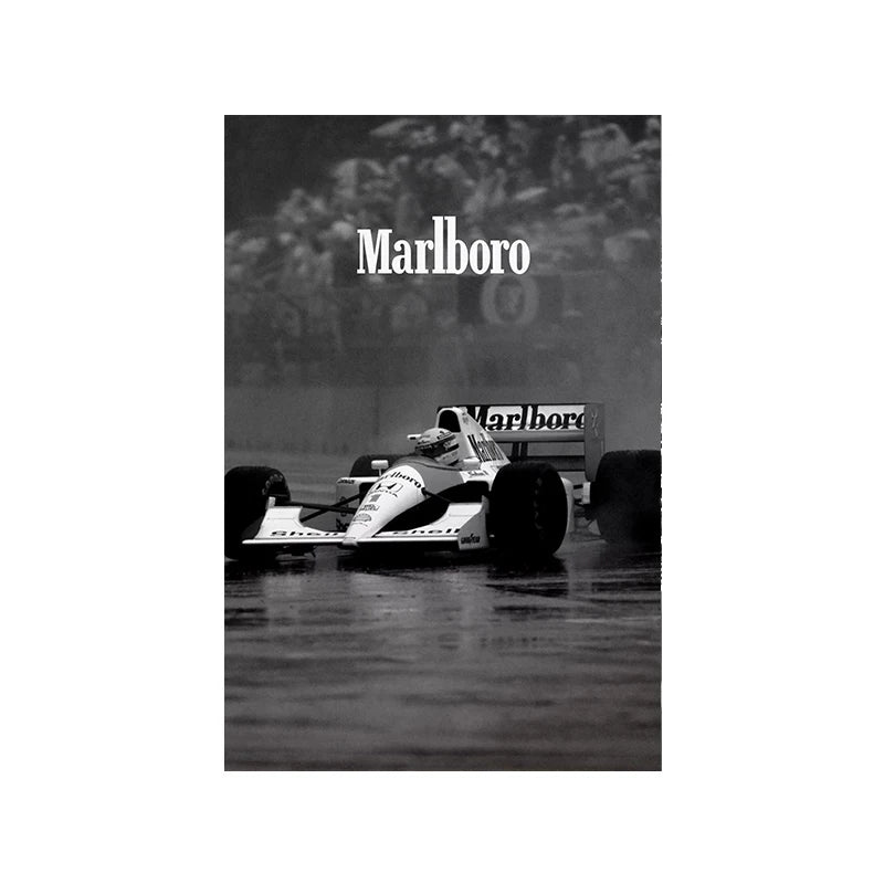 Black and white photo of a Marlboro racing car on a wet track.
