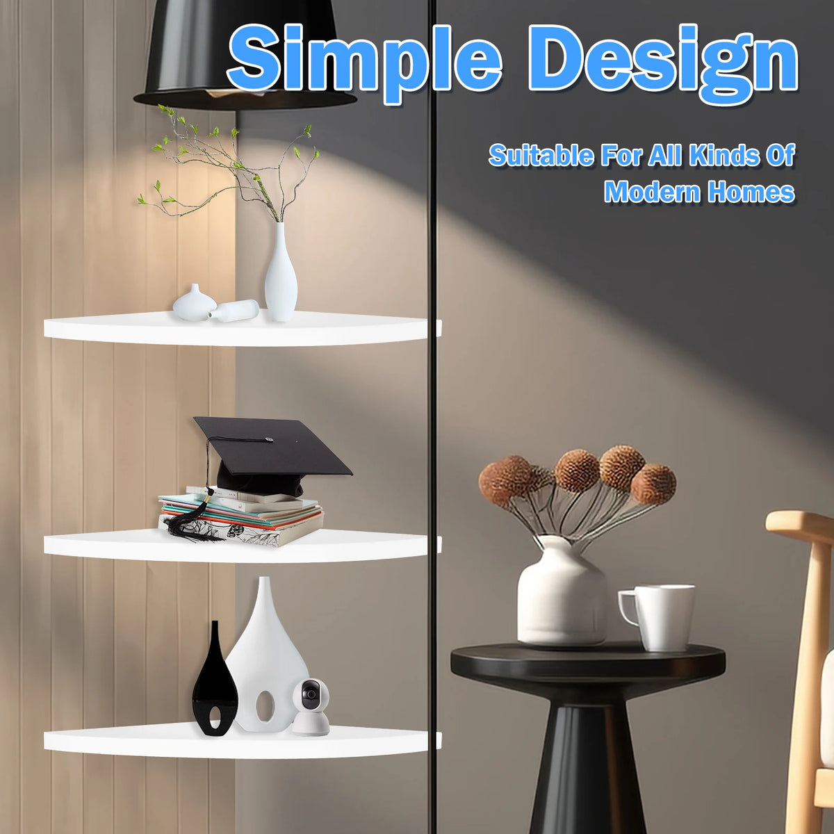 A set of three white wall-mounted corner shelves displayed against a neutral wall background.