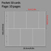 A layout diagram showing a pocket designed to hold 50 cards across 10 pages with dimensions of 20.3cm by 19.4cm.