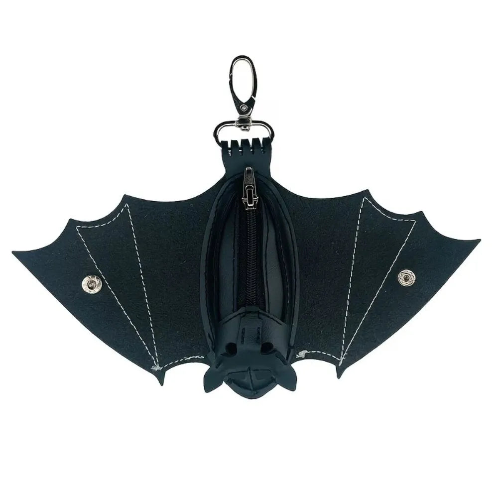 Black leather bat wallet keychain with zipper coin purse