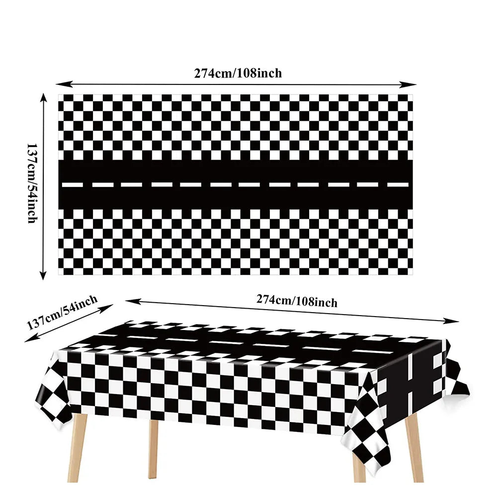 A black and white checkered flag pattern banner measuring 274cm by 108inch for party decorations.