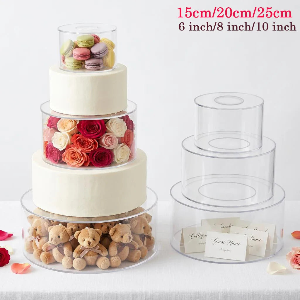 A three-tiered acrylic cake stand displaying macarons and teddy bears for dessert presentation.