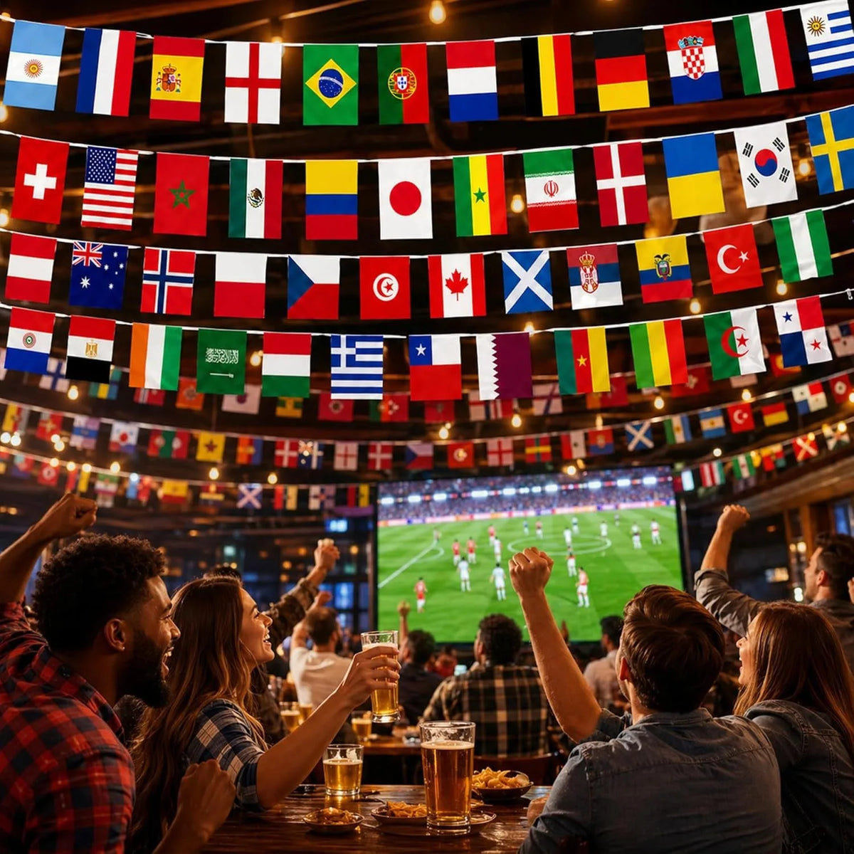 A group of people cheering while viewing a large banner displaying numerous international flags.