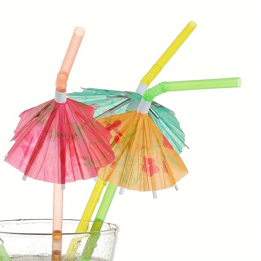 A set of colorful mini paper drink umbrellas with pink, green, and yellow accents.