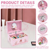 Pink wooden music box with a mirror and rotating doll inside, showing its features.