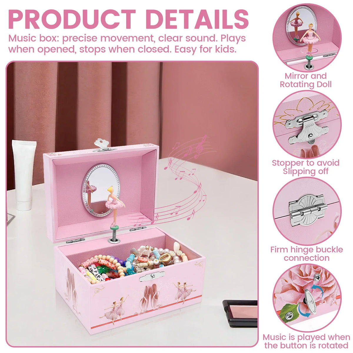 Pink wooden music box with a mirror and rotating doll inside, showing its features.
